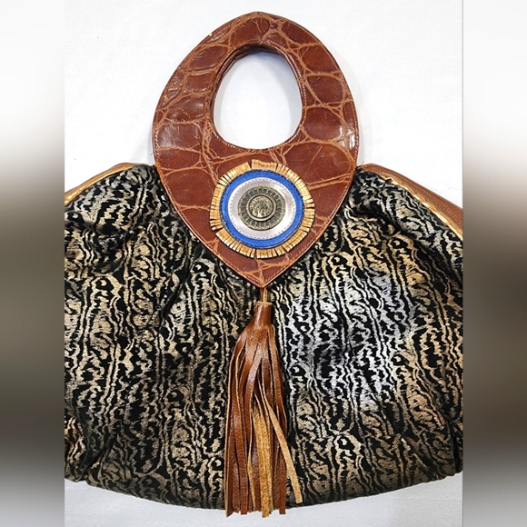 Women's Metallic Copper Brown Mixed Material Ethnic Ornate Sturdy Hand Purse Bag - Picture 2 of 16